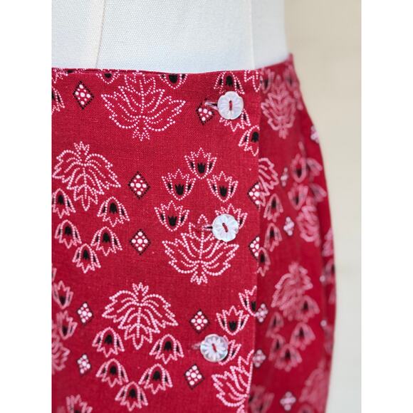 Coldwater Creek Red Linen Blend Midi Wrap Skirt Bandana Print Buttons PS - Picture 4 of 5